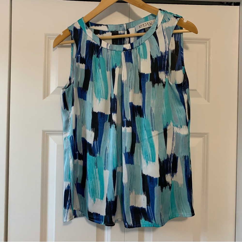 Kasper Aqua and Navy sleeveless Striped Blouse Women’s Size US Small